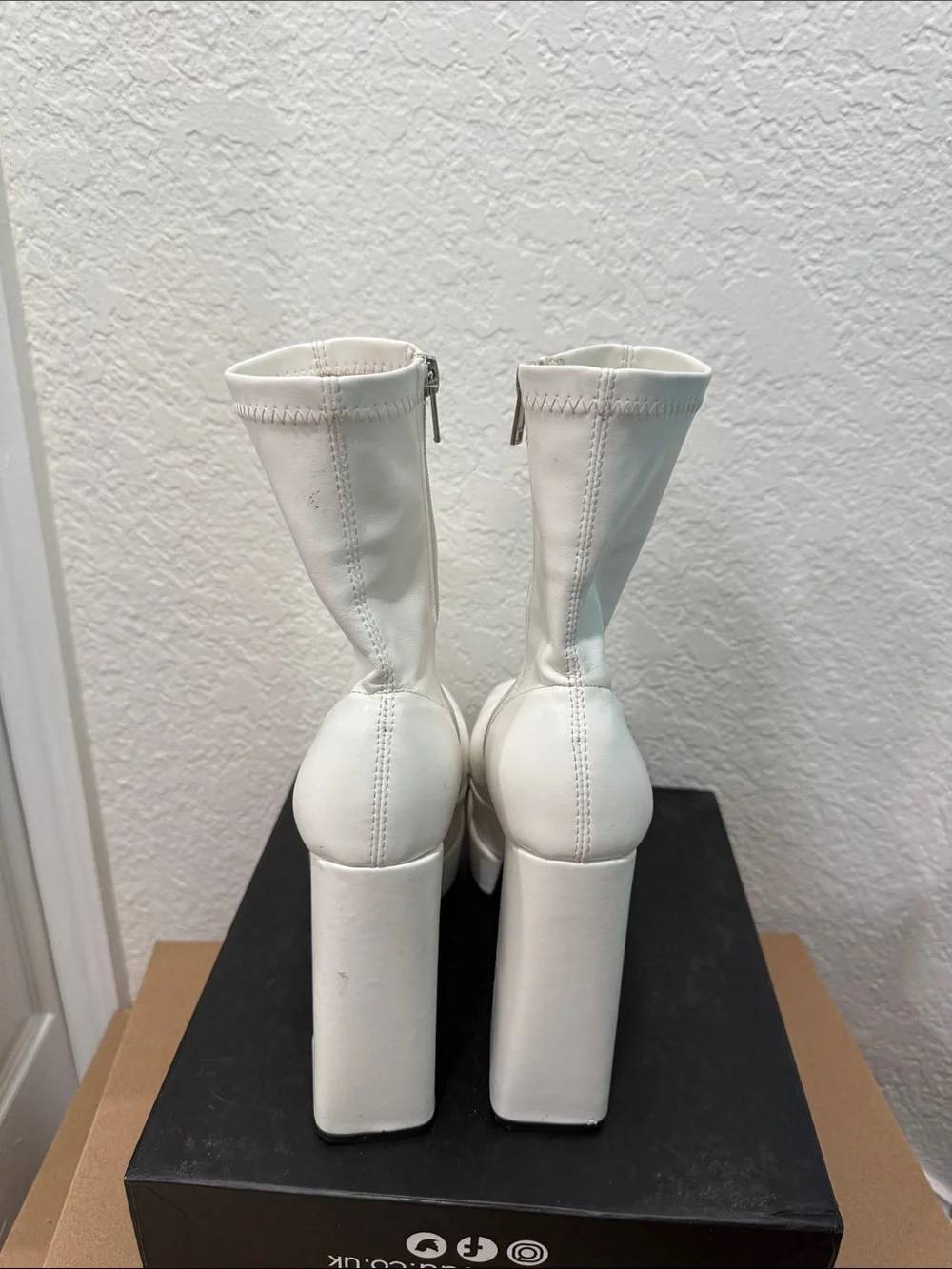 White Platform Block Heel Sock Boot with High Platform